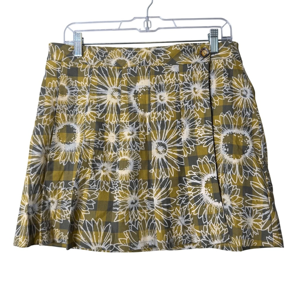 Urban Outfitters Skirt Womens Large Green Gingham Sunflower Floral Wrap Mini